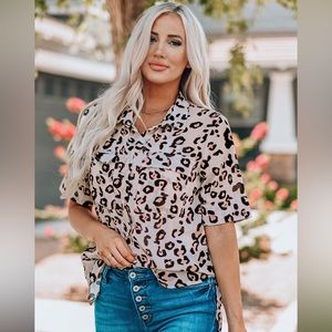 Blush Pink Leopard Button Front Short Sleeve Shirt with Breast Pockets, NWT